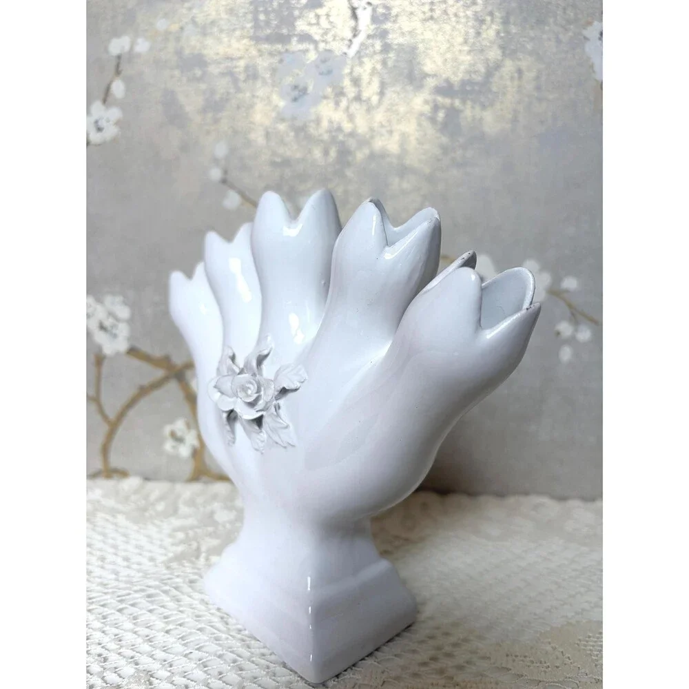 ELPA Alcobaca White Ceramic 5 Finger Tulipiere Bud Vase Rose Portugal Vintage